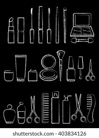 hand drawing chalk beauty icon set on black background