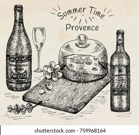 hand drawing chalk illustration of chopping cheese board with grapes, wine, champagne. Provence, summer time on the blackboard background.