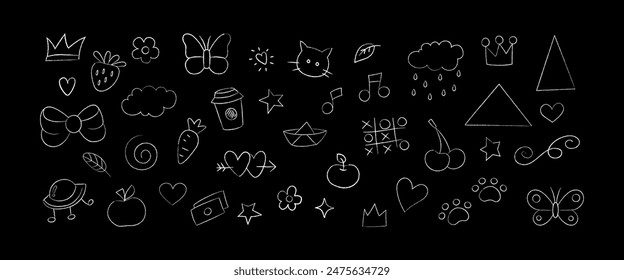 Hand drawing chalk kid scribble drawing icons in white color on dark background. Childish crayon doodles  illustration. Vector