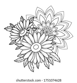 Flor de camomila de dibujo a mano con ornamento de mandala para tarjeta de saludo, invitación, dibujo de Henna y plantilla de tatuaje. Ilustración del vector