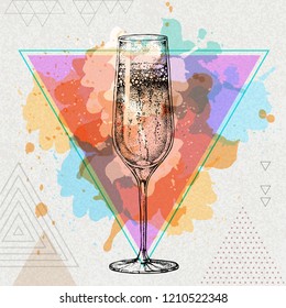 Hand drawing champagne glass illustration on artistic polygon watercolor background