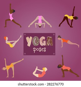 Hand drawing character woman practicing yoga for design. Female silhouette of yoga poses set.  Vector illustration.