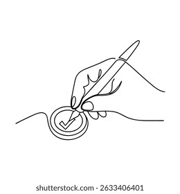 Hand drawing check mark on coin continuous line art minimalist approval concept