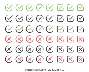 Markierungsmarken für Handzeichnung setzen. Bestätigtes und abgelehntes Zeichen im farbigen Vektorsymbol-Set. Genehmigtes, abgelehntes, akzeptiertes, rechtsfehlendes Zeichen.