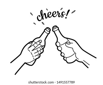 Hand drawing of cheers. Two hands holding and clinking with two beer bottles. Sketch for Oktoberfest. Vector illustration.
