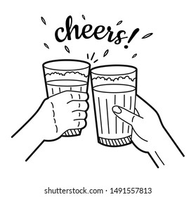 Hand drawing of cheers. Two hands holding and clinking with two glasses of beer. Sketch for Oktoberfest. Vector illustration.