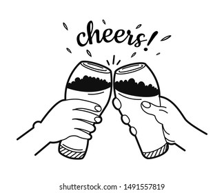 Hand drawing of cheers. Two hands holding and clinking with two glasses of beer. Sketch for Oktoberfest. Vector illustration.
