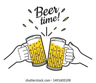 Hand drawing of cheers. Two hands holding and clinking with two beer mugs. Sketch for Oktoberfest. Vector illustration.