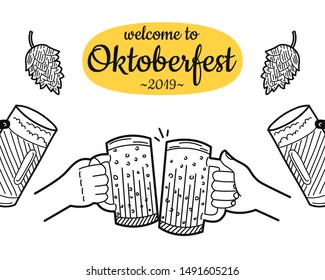 Hand drawing of cheers. Two hands holding and clinking with two beer bottles. Sketch for Oktoberfest. Vector illustration.