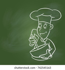 Hand drawing Chef Cartoon on textured green board. for Education Concept, Vector Illustration, drawing with chalk on greenboard.
