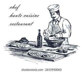 Hand drawing of chef cooking in restaurant kitchen haute cuisine, retro style, sketch, vector illustration isolated on white 