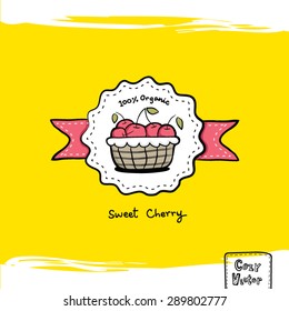 Hand drawing cherry basket with banner logo vector.