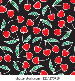 Hand drawing Cherry berry Fashion seamless pattern isolated on dark background. Vector illustration print design. Holiday Merry Christmas sweet kids print design texture