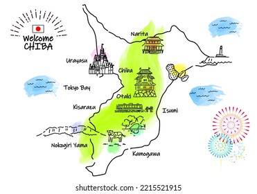 hand drawing CHIBA JAPAN tourist spot map, vector