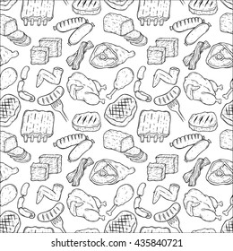 Hand Drawing Chicken And Beef Meat In Seamless Pattern