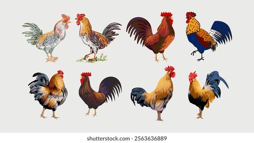 Hand drawing chicken, rooster, hen poultry farm animal collection element vector illustration. Sketch, hand drawn isolated on white background.