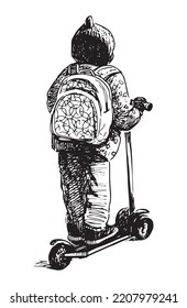 Dibujo manual de un niño con mochila montando una moto