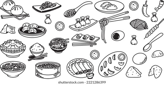 Hand drawing of chinese food set isolated on white background.