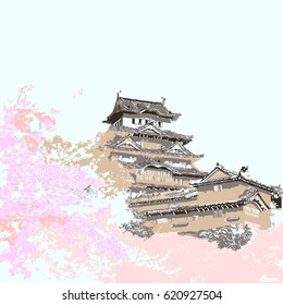 Hand drawing Chinese house and cherry tree. Vector illustration