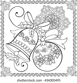 Hand drawing christmas bell, Christmas ball and snowflake for the anti stress coloring page.