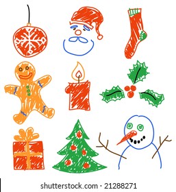 Hand drawing christmas decorations. Santa, snowman, cookie and other.