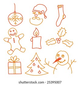 Hand drawing christmas decorations. Santa, snowman, cookie and other.