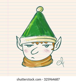 Hand drawing of a christmas elf on a paper note
