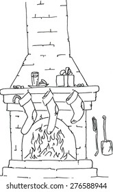 Hand drawing a Christmas Fireplace. Vector illustration.