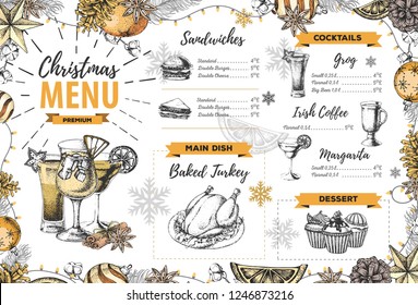 Hand drawing Christmas holiday menu design. Restaurant menu