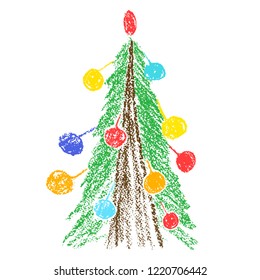 Hand Drawing Christmas Tree With Balls. Like Child's Drawing Crayon Or Pencil Bright Green Fir-tree. Like Kids Drawing Vector Doodle Funny Colorful Illustration.