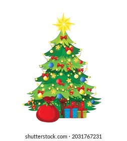 Dibujo manual de árbol de Navidad con cajas de regalo, vector aislado