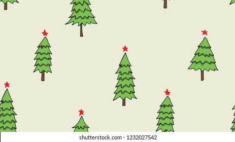 Hand drawing of Christmas tree and red star seamless pattern on light yellow background for wrapping paper, textile, fabric.
