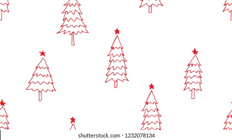Hand drawing of Christmas tree and red star seamless pattern on white background for wrapping paper, textile, fabric.