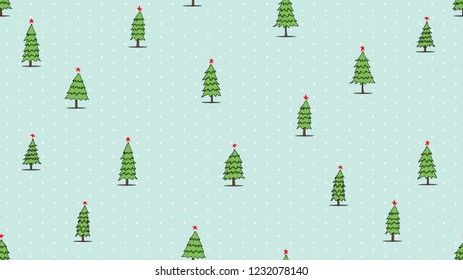 Hand drawing of Christmas tree and red star seamless pattern on light green background for wrapping paper, textile, fabric.