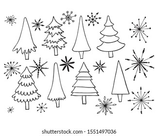 Hand drawing of Christmas tree and snowflakes.Set of miniature illustrations of Christmas trees and snowflakes.Black graphics on white background.For postcards and packaging design.Vector elements.
