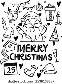 Hand drawing christmast natal doodle vector illustration, Christmas and New Year line set. Black linear holly, cupcake, cup, hat, santa and cookies gift, lollipop candle. Flat cartoon design. New year