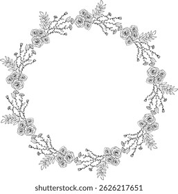 Dibujo a mano de marco circular de flores. Estilo de rama floral circular. Marco floral redondo blanco y negro de ramitas, hojas y flores. Marcos para la Plantilla, decoración de la boda, tarjeta de la invitación.