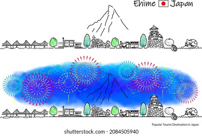 hand drawing cityscape EHIME prefecture and fireworks