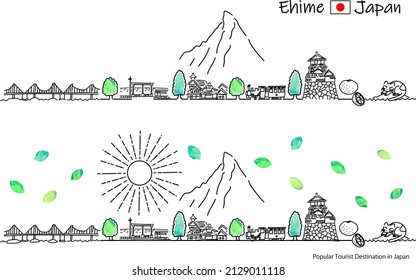 hand drawing cityscape EHIME in Summer with the SUN illustration set