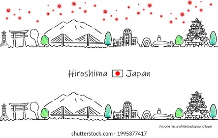 hand drawing cityscape HIROSHIMA Japan and covid-19 illustration set