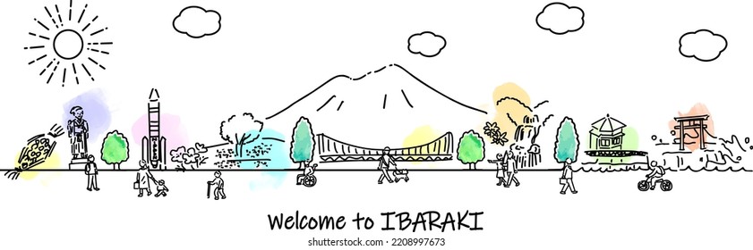 hand drawing cityscape IBARAKI and people illustration, vector