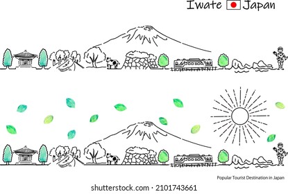 hand drawing cityscape Iwate prefecture Japan with the Sun