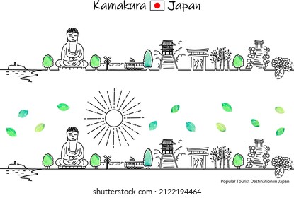hand drawing cityscape KAMAKURA in Summer with the Sun illustration set