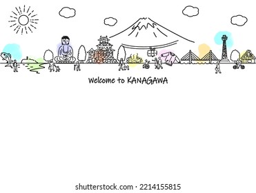 hand drawing cityscape KANAGAWA and people illustration, vector