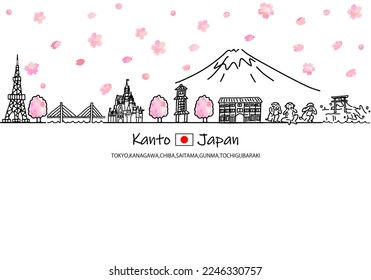 hand drawing cityscape KANTO JAPAN in Spring, vector