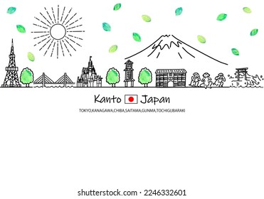 hand drawing cityscape KANTO JAPAN in Summer with the Sun, vector