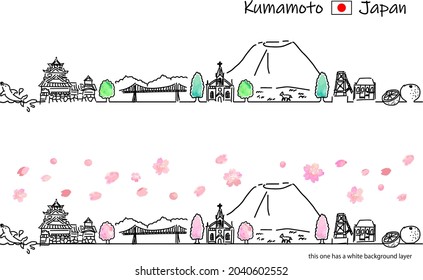 hand drawing cityscape KUMAMOTO prefecture in Spring