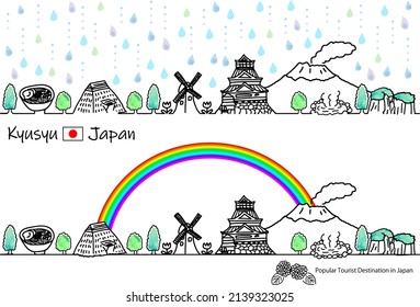 hand drawing cityscape KYUSYU in Rainy season illustration set