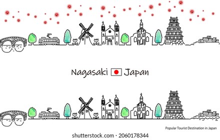hand drawing cityscape NAGASAKI prefecture with covid-19