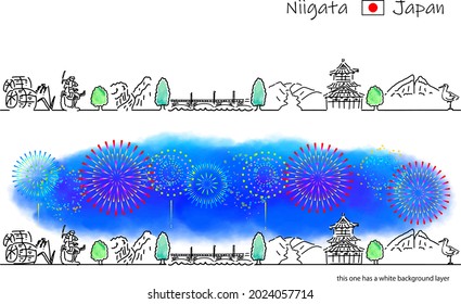 hand drawing cityscape NIIGATA prefecture and fireworks
